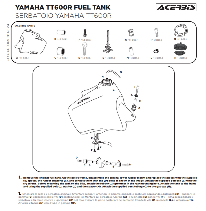 Acerbis Tank 23L Yamaha 600R 1998 1999 2000 2001 2002 2003 2004